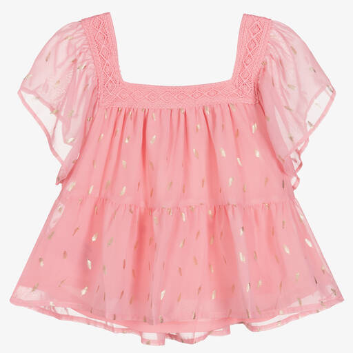 Mayoral-Girls Pink & Gold Feather Chiffon Blouse | Childrensalon Outlet