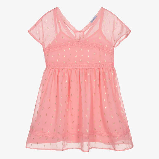 Mayoral-Girls Pink & Gold Feather Chiffon Dress | Childrensalon Outlet