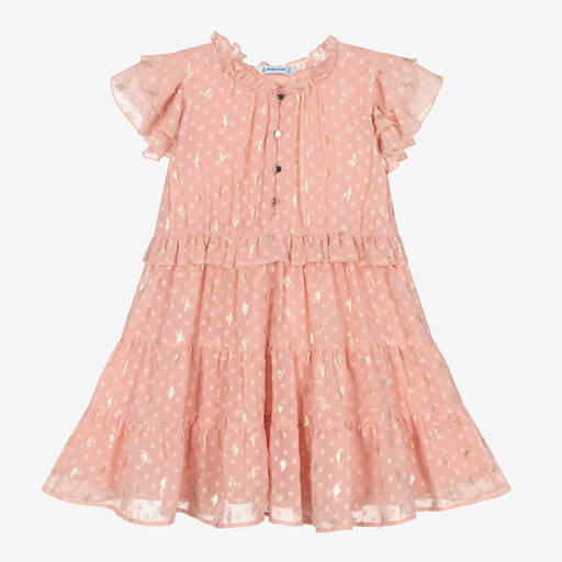 Mayoral-Girls Pink & Gold Tiered Star Dress | Childrensalon Outlet