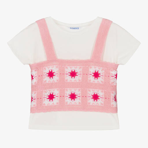 Mayoral-Girls Pink & Ivory Crochet Top Set | Childrensalon Outlet