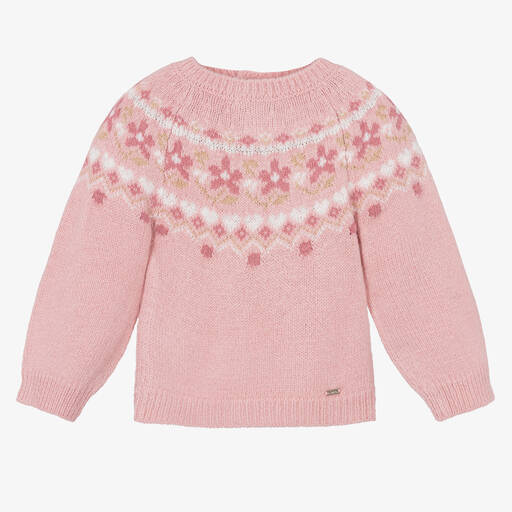 Mayoral-Girls Pink Knitted Fair Isle Sweater | Childrensalon Outlet