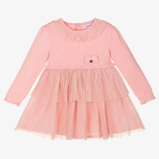 Mayoral-Розовое трикотажное платье с отделкой из тюля | Childrensalon Outlet