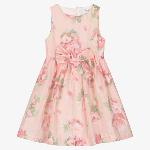 Mayoral-Girls Pink Linen Floral Dress | Childrensalon Outlet