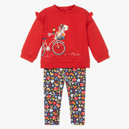 Mayoral-Красный топ и синие легинсы в цветочек | Childrensalon Outlet