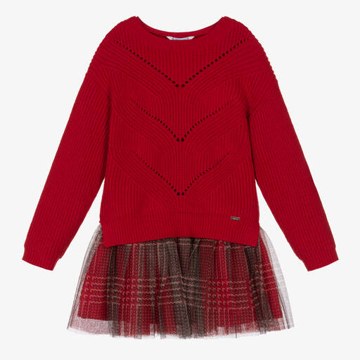 Mayoral-طقم فستان وبلوفر قطن لون أحمر | Childrensalon Outlet