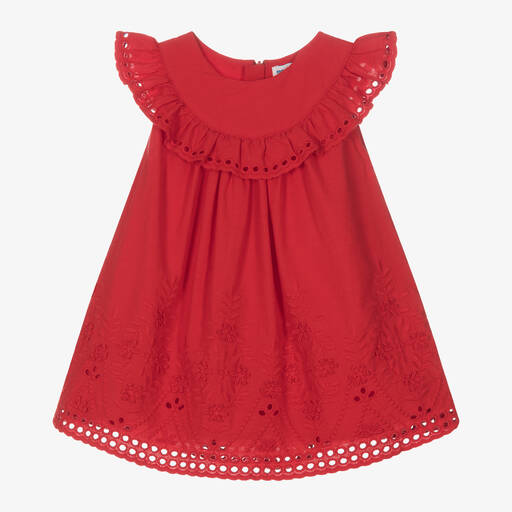Mayoral-Girls Red Embroidered Cotton Dress | Childrensalon Outlet