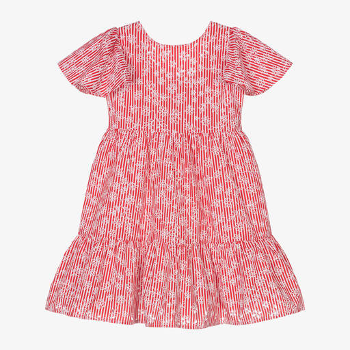 Mayoral-فستان قطن بوبلين مقلم لون أحمر بطبعة ورود | Childrensalon Outlet