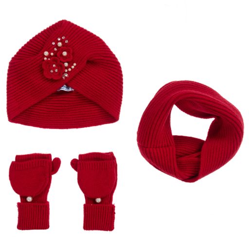 Mayoral-طقم قبعة 3 قطع مزيج فيسكوز لون أحمر للبنات | Childrensalon Outlet