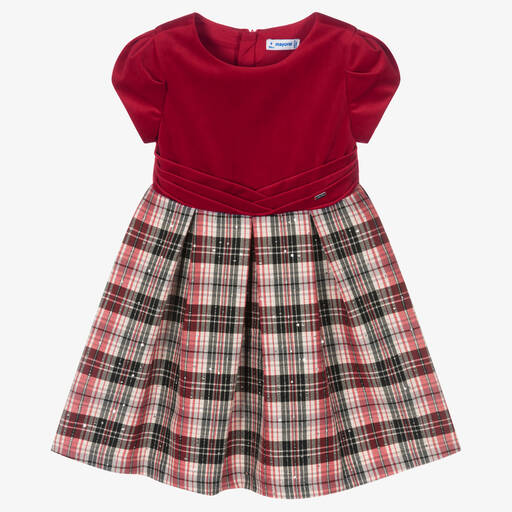 Mayoral-فستان  تارتان مخمل لون أحمر | Childrensalon Outlet