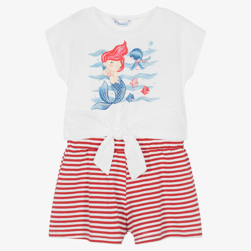 Mayoral-Girls Red & White Cotton Mermaid Shorts Set | Childrensalon Outlet