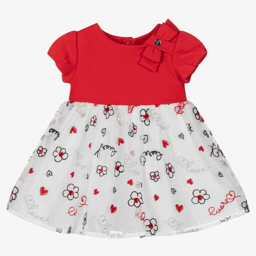 Mayoral-Бело-красное платье с вышитым тюлем для девочек | Childrensalon Outlet