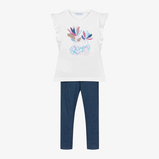 Mayoral-طقم ليغنغز قطن جيرسي لون أبيض وكحلي للبنات | Childrensalon Outlet