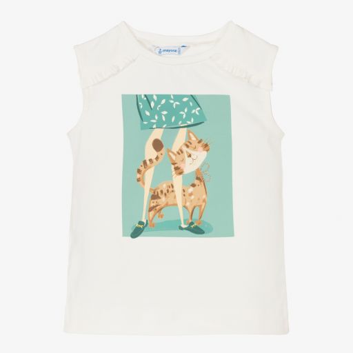 Mayoral-Girls White Cat Cotton Top | Childrensalon Outlet