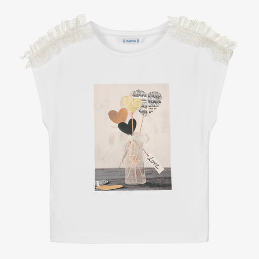 Mayoral-T-shirt blanc en coton à cœurs | Childrensalon Outlet