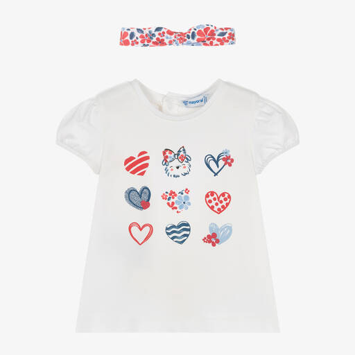 Mayoral-Girls White Floral & Heart Cotton T-Shirt | Childrensalon Outlet