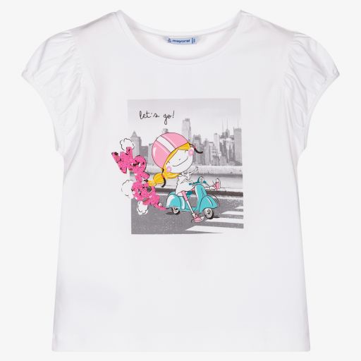 Mayoral-Girls White Graphic T-Shirt | Childrensalon Outlet
