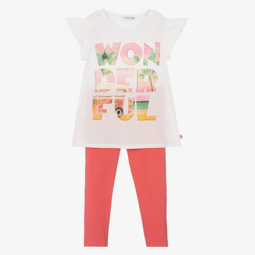 Mayoral-Girls White & Pink Cotton Leggings Set | Childrensalon Outlet