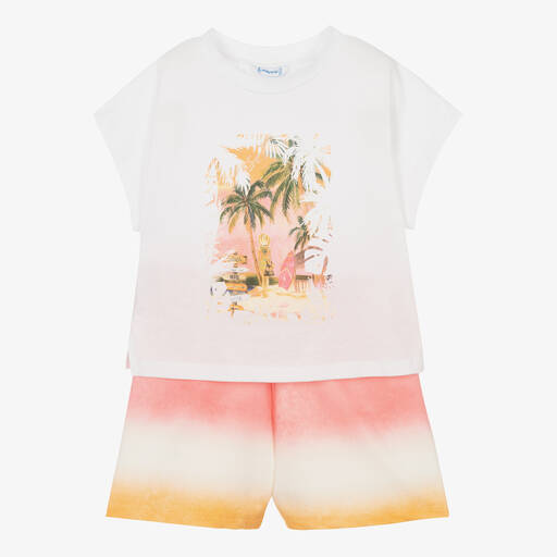 Mayoral-Girls White & Pink Cotton Shorts Set | Childrensalon Outlet