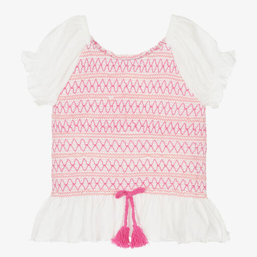 Mayoral-Girls White & Pink Smocked T-Shirt | Childrensalon Outlet