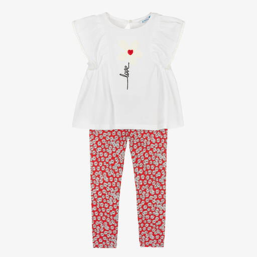 Mayoral-Girls White & Red Floral Cotton Leggings Set | Childrensalon Outlet