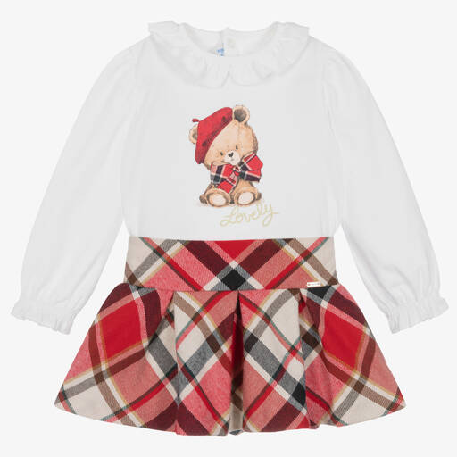 Mayoral-Girls White & Red Tartan Skirt Set | Childrensalon Outlet