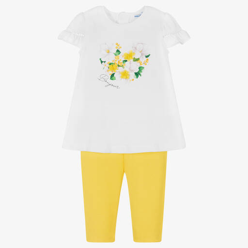 Mayoral-Girls White & Yellow Floral Leggings Set | Childrensalon Outlet