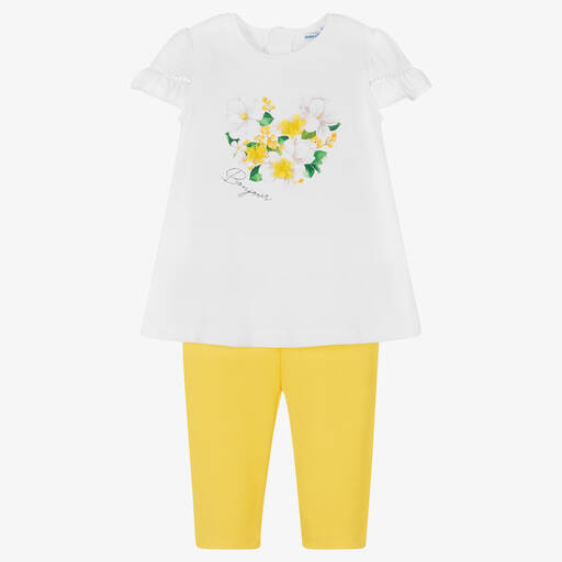 Mayoral-Белый топ с цветами и желтые легинсы | Childrensalon Outlet