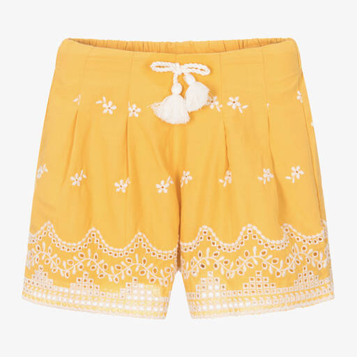 Mayoral-Girls Yellow Broderie Anglaise Shorts | Childrensalon Outlet