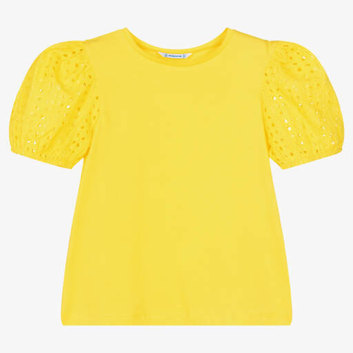 Mayoral-Girls Yellow Cotton Puff Sleeve T-Shirt | Childrensalon Outlet