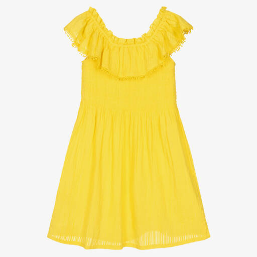 Mayoral-Girls Yellow Cotton Seersucker Dress | Childrensalon Outlet