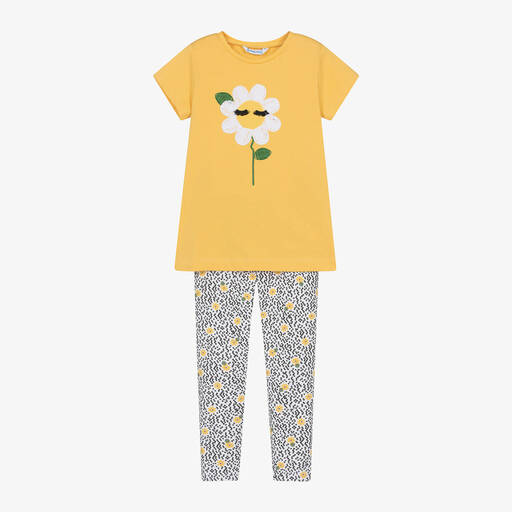 Mayoral-Girls Yellow Flower Cotton Leggings Set | Childrensalon Outlet