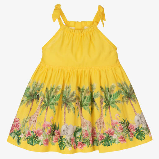 Mayoral-Girls Yellow Linen Safari Animal Dress  | Childrensalon Outlet
