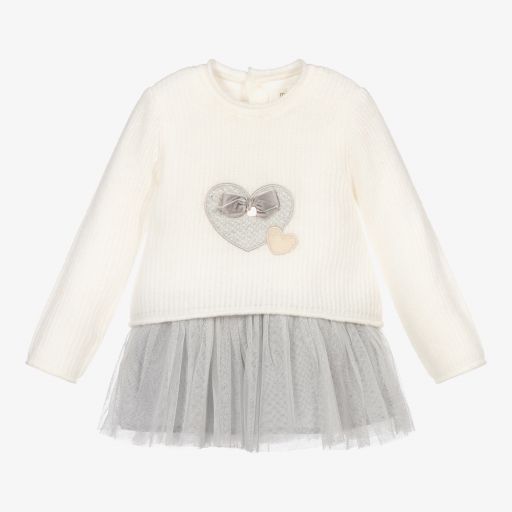 Mayoral Newborn-Grey & Ivory Heart Dress | Childrensalon Outlet