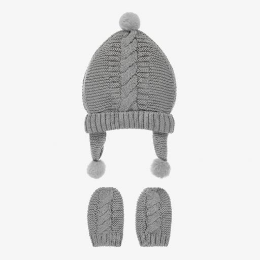 Mayoral Newborn-طقم قبعة وقفازات قطن محبوك لون رمادي للأطفال  | Childrensalon Outlet