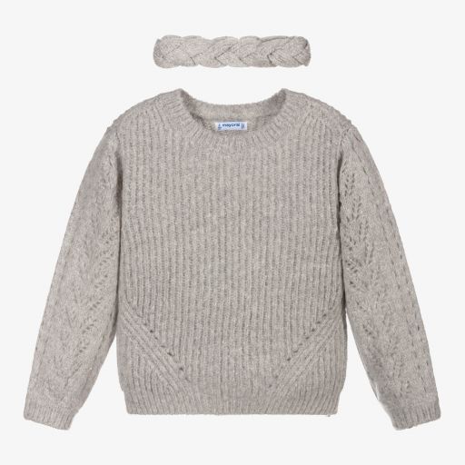 Mayoral-Grey Knit Sweater & Headband  | Childrensalon Outlet