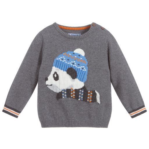 Mayoral-Pull gris en tricot à panda | Childrensalon Outlet