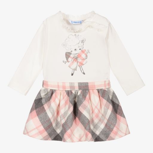 Mayoral-Серо-розовый комплект с юбкой в клетку | Childrensalon Outlet