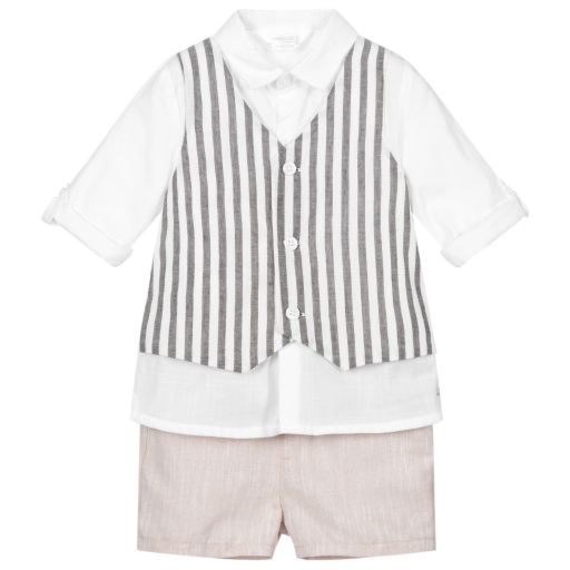 Mayoral Newborn-طقم شورت قطن و كتّان لون عاجي، رمادي و بيح للمواليد | Childrensalon Outlet
