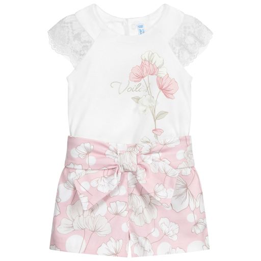 Mayoral-Ivory & Pink Floral Shorts Set | Childrensalon Outlet