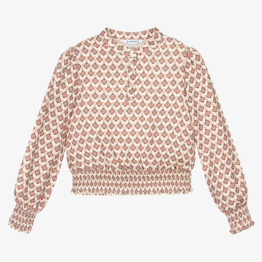 Mayoral-Ivory & Pink Ruched Blouse | Childrensalon Outlet