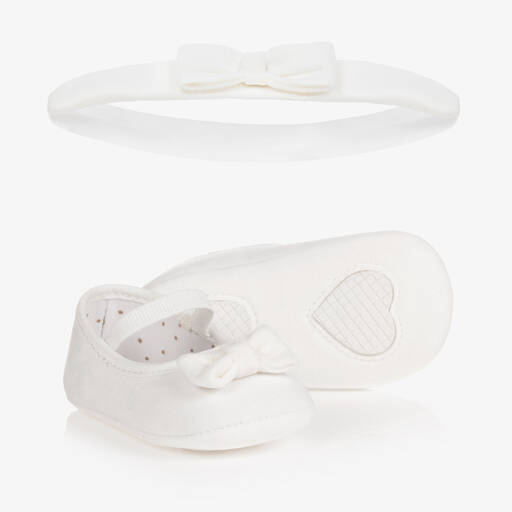 Mayoral Newborn-طقم حذاء مرحلة ما قبل المشي مخمل لون أبيض للمولودات  | Childrensalon Outlet