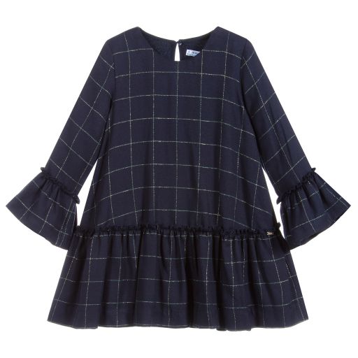 Mayoral-Navy Blue & Gold Check Dress | Childrensalon Outlet