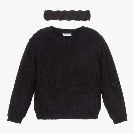 Mayoral-Navy Blue Sweater & Headband  | Childrensalon Outlet