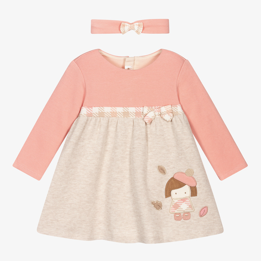 Mayoral Newborn-Pink & Beige Cotton Dress Set | Childrensalon Outlet