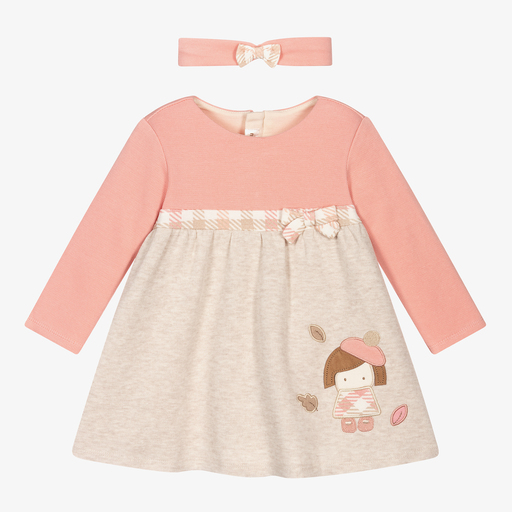 Mayoral Newborn-Pink & Beige Cotton Dress Set | Childrensalon Outlet