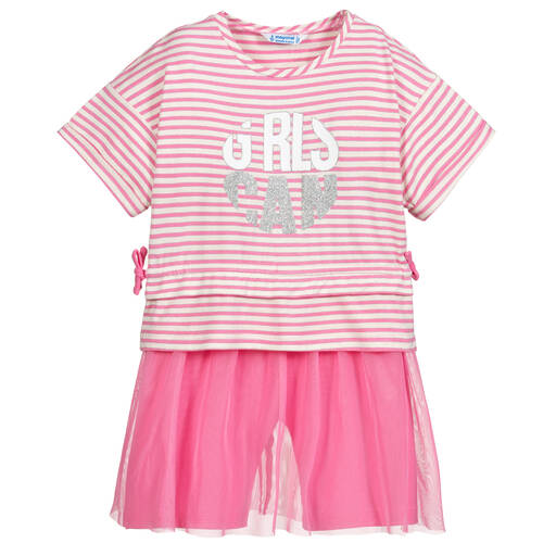 Mayoral-Pink Stripe & Mesh Skirt Set | Childrensalon Outlet