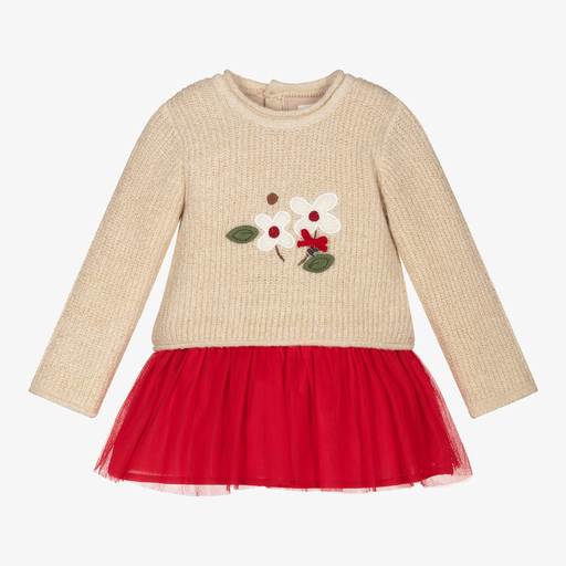 Mayoral Newborn-Red & Beige Flower Dress | Childrensalon Outlet