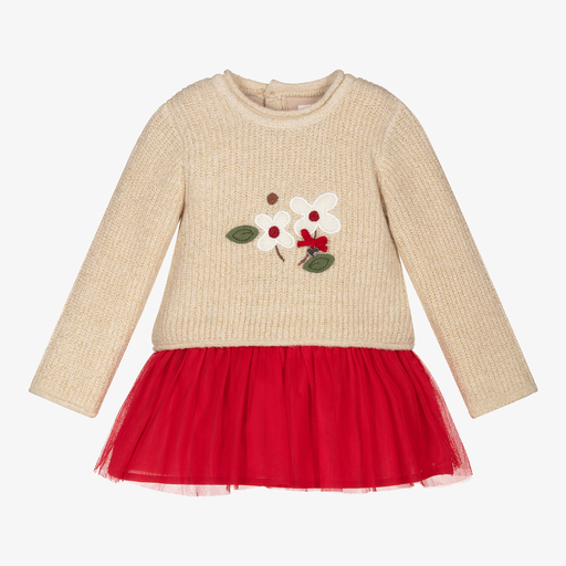 Mayoral Newborn-فستان أكريليك وتول لون أحمر وبيج | Childrensalon Outlet