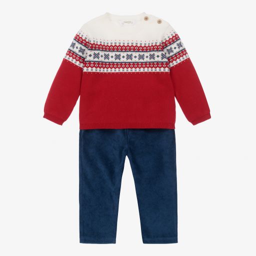 Mayoral Newborn-Red Fair Isle Trouser Set  | Childrensalon Outlet