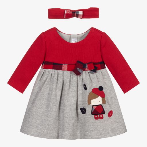 Mayoral Для новорожденных-Красно-серый комплект с платьем из хлопка | Childrensalon Outlet